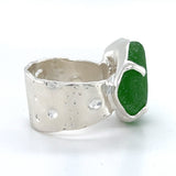 gorgeous green genuine sea glass with textured wide band ring