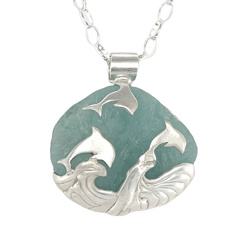 jumping dolphin sea foam crystalized sea glass necklace