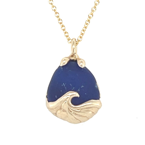 14k gold cobalt genuine sea glass wave necklace
