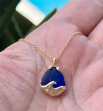 14k gold cobalt genuine sea glass wave necklace