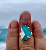 aqua wavy genuine sea glass urchin ring