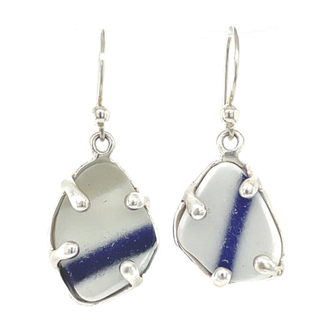 cobalt striped sea glass prong long earrings