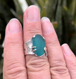 teal blue genuine sea glass urchin ring (size 8-9.5) - tossed & found jewelry