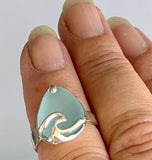 blue genuine sea glass open wave ring - tossed & found jewelry