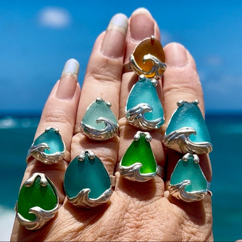 ocean wave genuine sea glass rings (various colors + sizes)