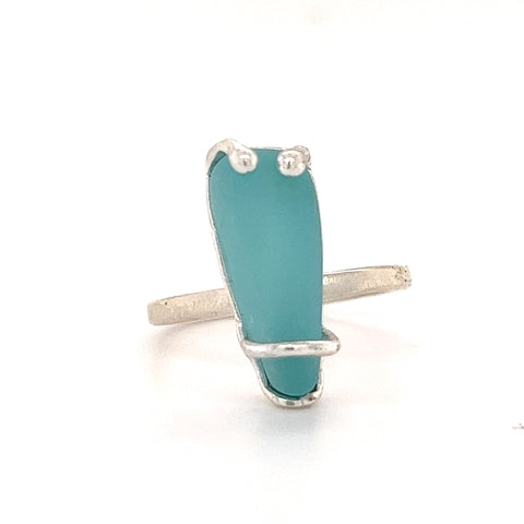 aqua genuine sea glass prong/band ring - tossed & found jewelry
